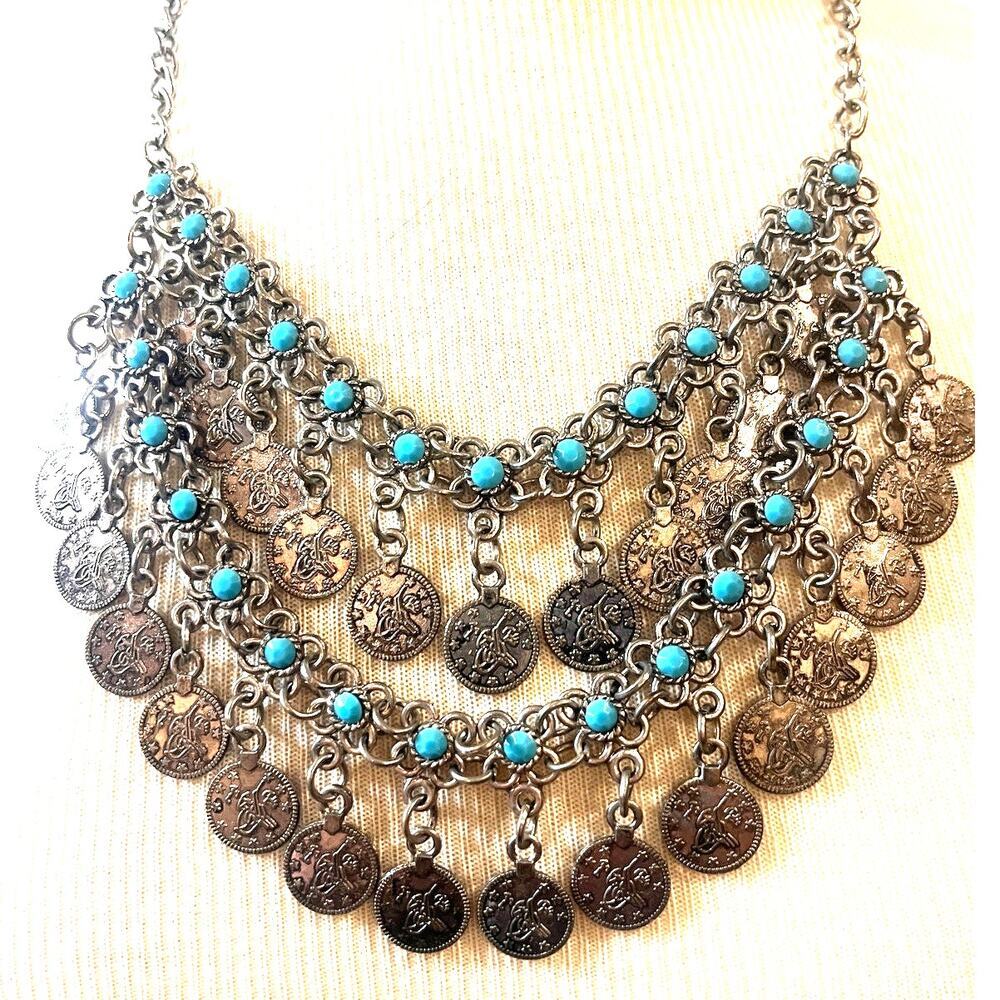 2-Tiered Grecian Silver-tone Coins with Turquoise Accents- Bib Necklace - Picture 3 of 5